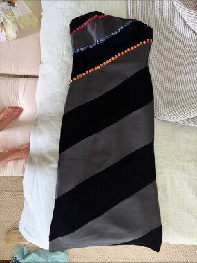 Chetta B Black Strapless Dress with Red, Blue & Orange Studs